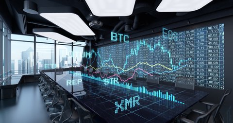 13 sec intro, 10 sec loop. Animated Charts Financial Stats on Table in Office Interior. Cryptocurrency Bitcoin Exchange trading Gambling concept 4K video.

