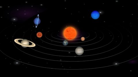 Solar System with gradient planets and asteroid belt on dark background