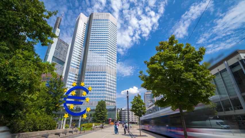 Frankfurt skyscrapers skyline view time lapse hyperlapse video. Euro sign sculpture in park among modern office towers and European Central Bank in Frankfurt am Main. Royalty-Free Stock Footage #1039316879