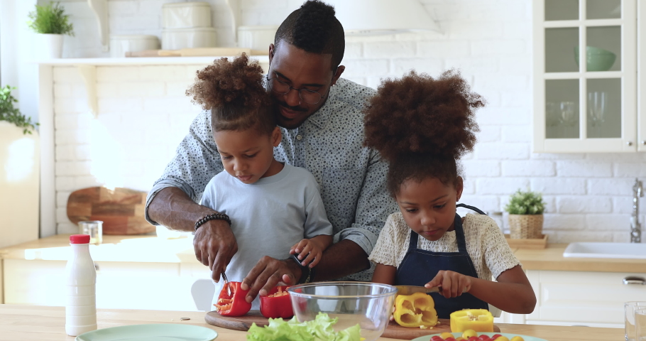 Young happy african father dad teach cute small kids siblings hold knife cut fresh vegetable salad in kitchen explain little children son daughter learn cook prepare healthy food together at home. Royalty-Free Stock Footage #1039317638