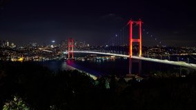 Time lapse clip of evening Istanbul panorama and Bosphorus Bridge (15 Temmuz Bridge), from Nakkastepe, Turkey