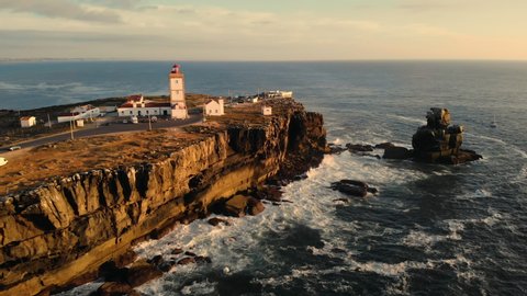 Aerial View of Lighthouse in Peniche, Portugal, and Cabo Carvoeiro at Sunset