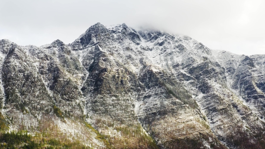 Aerial view of Glacier National Park, breathtaking landscapes of Montana, snowy mountain peaks and endless green forest, moody shoots of nature