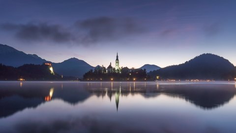 Night to day time-lapse of Lake Bled and the Church island, Slovenia Stockvideo