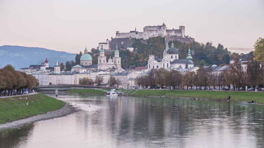 Day to night time-lapse of Salzburg  Historic town center, Austria