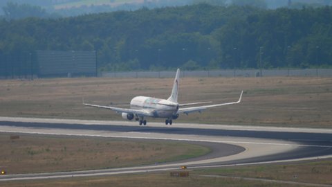 FRANKFURT AM MAIN, GERMANY - JULY 19, 2017: Royal Air Maroc Boeing 737 CN-RGH landing on runway 25R. Fraport, Frankfurt, Germany