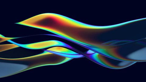 Abstract 3d animation with moving glass waves and with rainbow reflection on the black background. Bright colors, modern trendy design. 4k loop video.