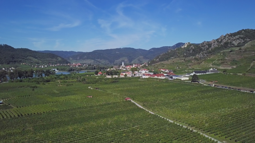 Aerial panorama of Durnstein town and vineyards. Wachau valley, Austria