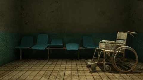 Horror and creepy wheelchair moving in front of the examination room in the hospital. 3D rendering