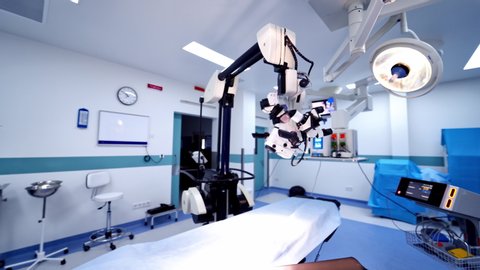 VINNITSA, UKRAINE - September 2019: Contemporary equipment inside the operating room. Medical equipment in an empty surgical room.