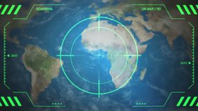 View of the world map with the camera flying over and focusing on Eastern Europe. Including green HUD overlay with crosshair circle. Elements of this video are furnished by NASA.