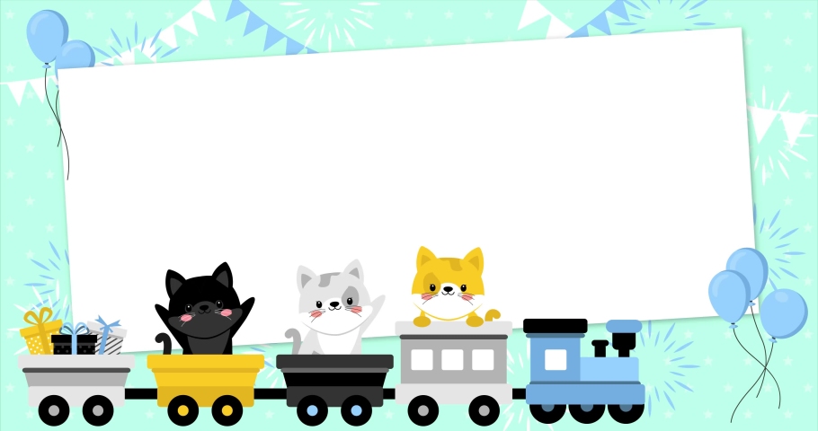 Cute baby kittens on a rolling train with rectangular frame. Template, banner for baby shower, mailing, invitation, greeting cards… Royalty-Free Stock Footage #1039392029