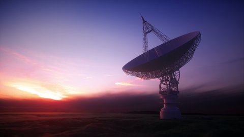 Huge satellite antenna dish for communication and signal reception out of the planet Earth. Observatory searching for radio signal in space at sunset. 3D illustration.