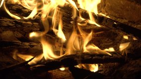 Close up shot of a campfire, Fireplace, burning woods