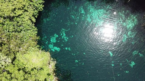 Mexican Cenote, Natural Pool in The Middle of Jungle. Top Down Bird Eye Aerial View. Tulum Mexico