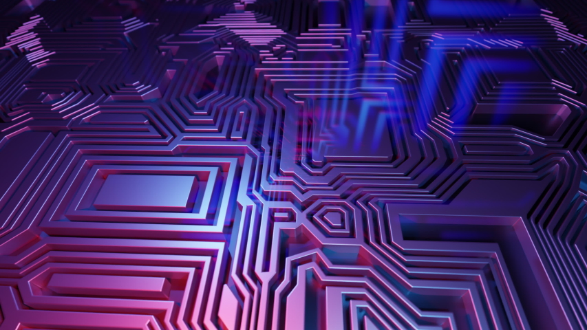 3D Rendered looping abstract background animation.  Flying over panel of microchips. Labyrinth. Pink, purple, red and blue colors - Powered by Shutterstock - Get 15% off with code: PIKWIZARD15