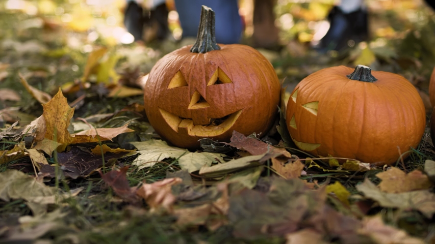 Tilt up video shows of family in Halloween masks 