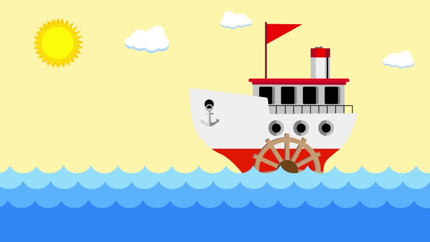 a white ship in the ocean sways in the waves and smoke comes from the chimney, the sun shines and a dolphin jumps from the sea