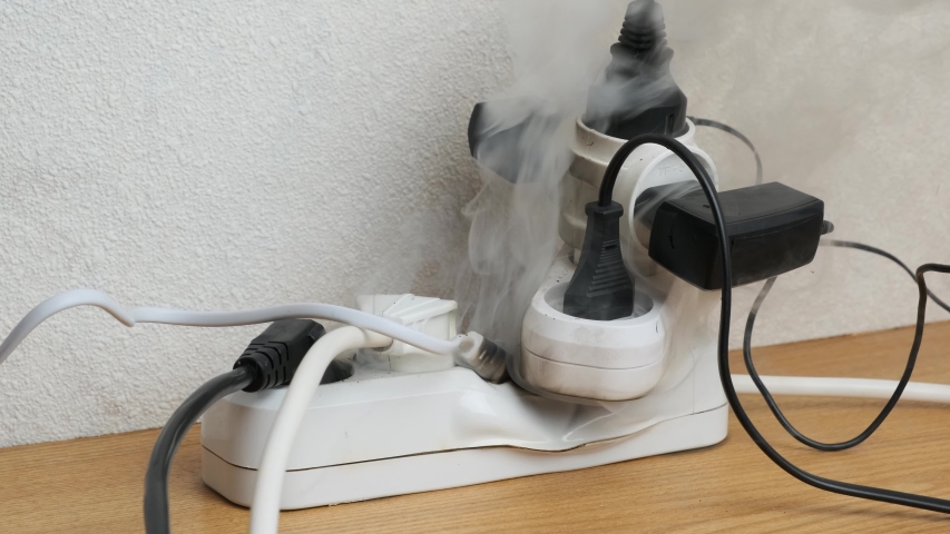 Ignition of overloaded power strip on desk in office. fire from power sockets. Royalty-Free Stock Footage #1039430414