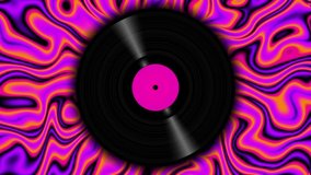 Spinning vinyl discs on abstract moving background. Seamless looping footage.