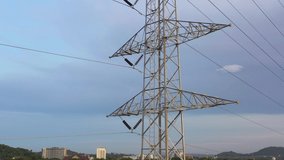 Aerial view. High voltage metal post. High-voltage towers in the forest. footage video 4k.