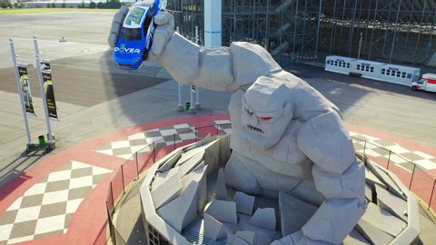 Dover, DE/United States - October 20, 2019: this videos shows a dolly shot of Miles the Monster monument at Dover International Speedway.