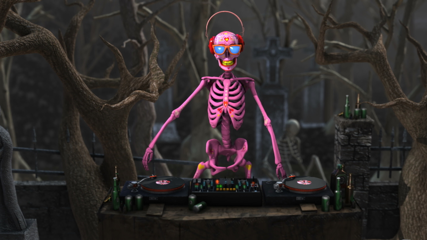 Seamless animation of a skeleton djing with turntables in a cemetery at night. Funny halloween background. Royalty-Free Stock Footage #1039456070