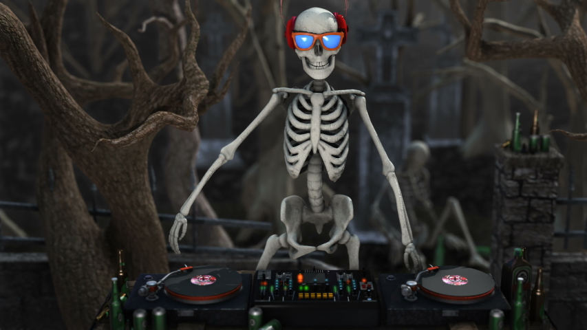 Seamless animation of a skeleton dijing with turntables in a cemetery at night. Funny halloween background. Royalty-Free Stock Footage #1039456088