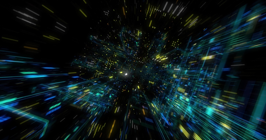 Seamless Loop Abtract Internet of Things motion background. Flying through virtual cyberspace with neon lines and dots elements. Communication network. 3D render