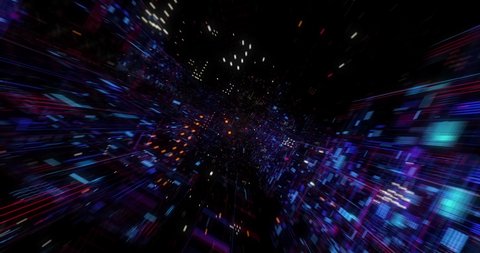 Abstract technology big data cloud computing background with bright neon lines and dots. Flying in Digital Cyber City Particles HUD. floating circuits. Seamless loop, 3D render