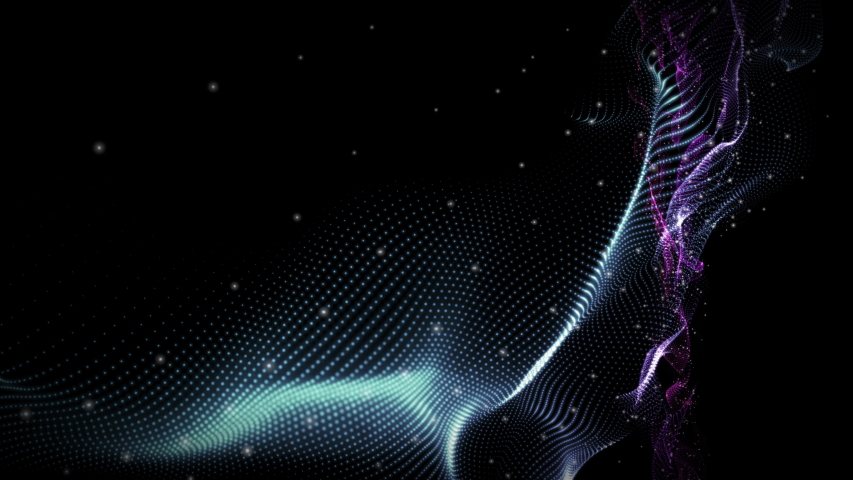 Futuristic video animation with wave object and flickering particles in slow motion, 4096x2304 loop 4K