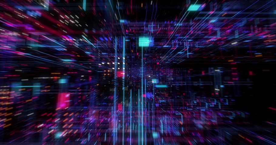 Abstract hologram 3D Big Data Digital City with futuristic matrix. Digital buildings with a binary code particles network. Technological and connection motion background. Seamless loop 3D render Royalty-Free Stock Footage #1039461818