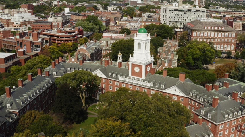 Cambridge, Massachusetts/USA - 09 18 2019: Aerial view of Harvard university in Cambridge, famous destination of Massachusetts, city of students, travel to Northeast of USA, beautiful parks and nature