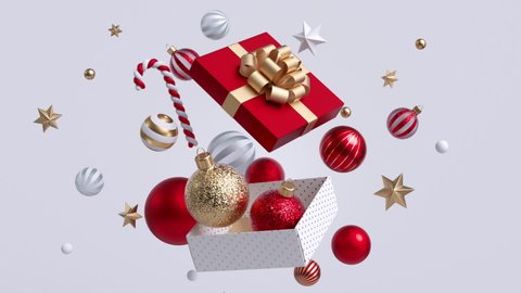 Christmas gift box opening, glass red and golden balls falling out, gold confetti exploding. Xmas decor isolated on white background. New Year animated greeting card. Winter holiday concept.