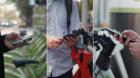 Collage rent rental man and Woman take Electric Kick scooter or bike bicycle in sharing parking lot, tourist phone application. New sharing business project started in city, eco transportation - Powered by Shutterstock - Get 15% off with code: PIKWIZARD15