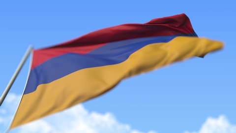Flying national flag of Armenia, low angle view. Loopable realistic slow motion 3D animation