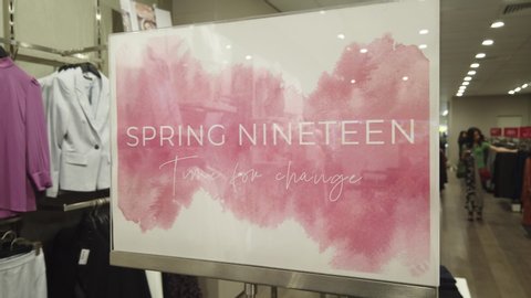 Sydney, Australia - Sept 30 2019: shop show sign in front retail store for new spring cloth collection in pink as new season arrive