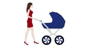 Female in a red dress, high heel red shoes walk with blue baby carriage cycle cartoon animation on transparent background. 4k video. Alpha channel. Loop animation.