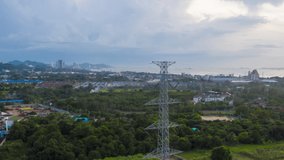 Hyperlaps time lapse Aerial view. High voltage metal post. High-voltage towers in the forest. footage video 4k.