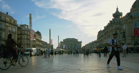Montpellier , Herault / France - 09 27 2019: People walking in La Place de la comedie, France