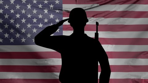 Veterans Day, Honoring all who served. Soldier in front of American Flag. Animated footage.