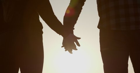 Close up view of holding hands. True love, partnership, love goals. Beautiful romantic moment between two lovers. Hands joining together with sunlight flare in the background.