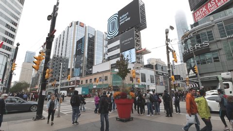 TORONTO, CANADA-OCTOBER 21ST, 2019: Yonge-Dundas Square, Toronto. The square has hosted many public events, performances and art displays, establishing itself as a prominent landmark in Toronto.