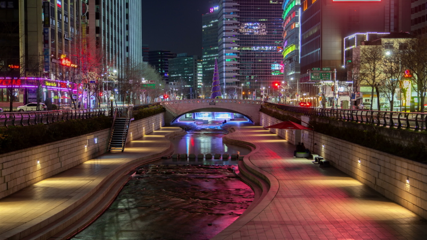 Aerial Illuminated Cheonggyecheon in Korea, Seoul