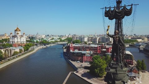 MOSCOW/RUSSIA - July 24, 2018: Aerial view of Peter the Great Statue by Zurab Tsereteli