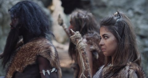 Caveman Woman Man Neanderthals Wearing Animal Stock Footage Video (100% ...