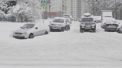 MOSCOW - January 10: traffic on the road during a snowfall on January 10, 2018 in Moscow, Russia