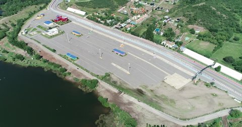 Aerial drone scene of empty infraestructure for car racetracks. Senital view. Potrero de los funes, San Luis, Argentina