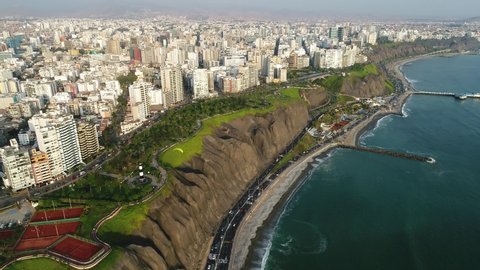 Spot aerial view of Miraflores Lighthouse, in Lima, Peru.