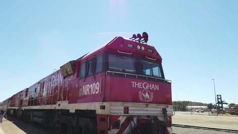 Alice Springs, Northern Territory, Australia - Aug 29, 2019: The Ghan arrival, the legendary train in Alice Springs Train Station.